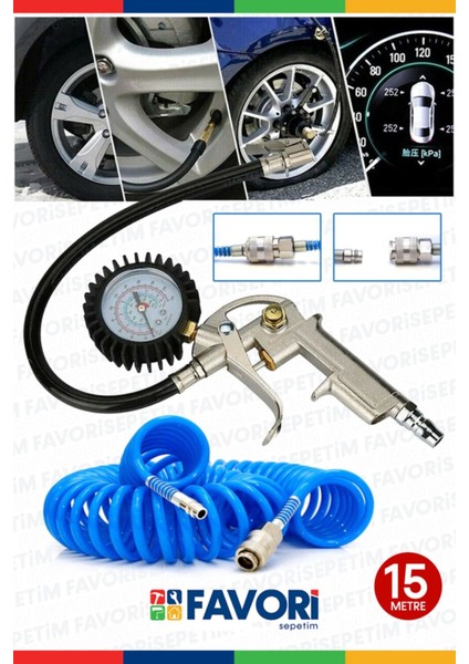 Yüksek Kalite Hava Üfleme Toz Alma 15MT Spiral Hava Hortumu ve Saatli Lastik Şişirme Hava Tabancası fiyatları