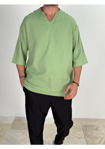 Müslin Kumaş Fakir Kol Yeşil T-Shirt