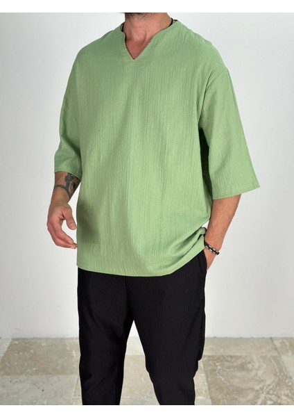 Müslin Kumaş Fakir Kol Yeşil T-Shirt modelleri
