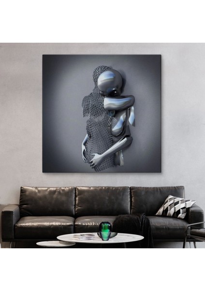 - Kanvas Tablo, Gri ve Gümüş Metalik Efektli Modern Aşk SANATI-5363