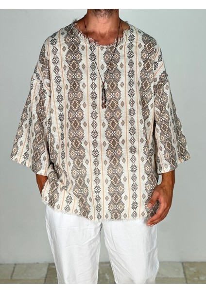 Çizgili Desenli Bohem Fakir Kol T-Shirt