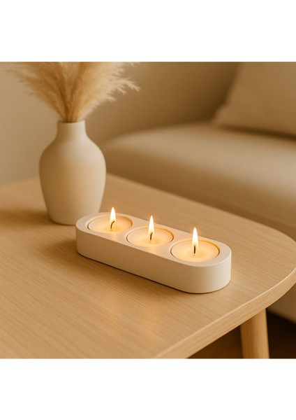 Tealight Mumluk | Bohem Dekor 3’lü Beton Tealight Mumluk | 18 × 6 cm Oval Tepsi