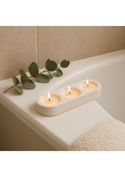 Tealight Mumluk | Bohem Dekor 3’lü Beton Tealight Mumluk | 18 × 6 cm Oval Tepsi fiyatları