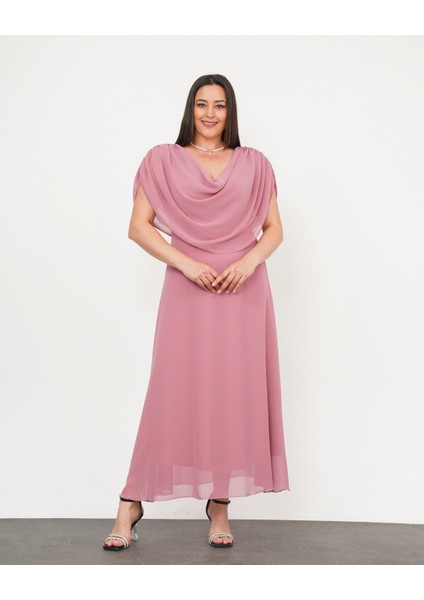 Kadın Büyük Beden Drape Yaka Omuz Drape Detaylı Şifon Uzun Abiye Elbise 24775