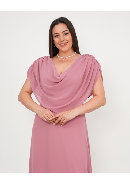 Kadın Büyük Beden Drape Yaka Omuz Drape Detaylı Şifon Uzun Abiye Elbise 24775