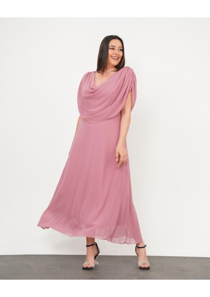 Kadın Büyük Beden Drape Yaka Omuz Drape Detaylı Şifon Uzun Abiye Elbise 24775
