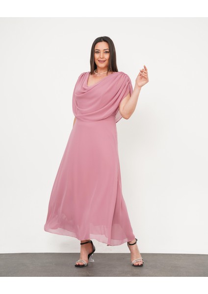 Kadın Büyük Beden Drape Yaka Omuz Drape Detaylı Şifon Uzun Abiye Elbise 24775