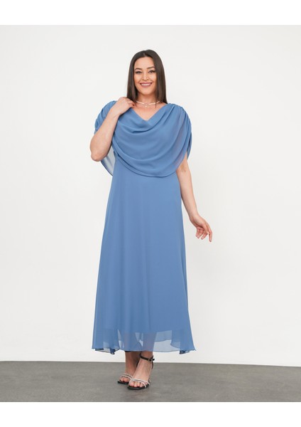 Kadın Büyük Beden Drape Yaka Omuz Drape Detaylı Şifon Uzun Abiye Elbise 24775