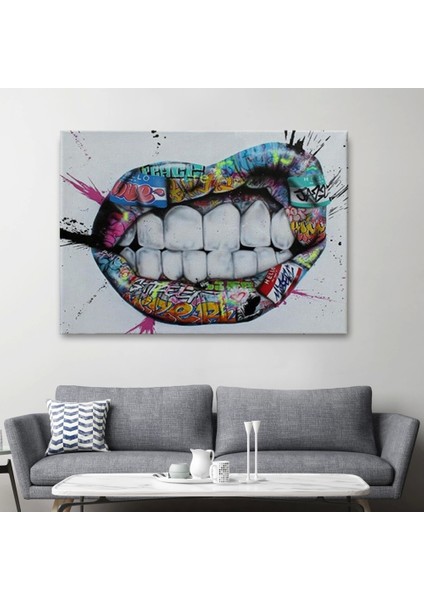 - Renkli Dudak Graffiti Kanvas Tablo, Banksy Sokak SANATI-5413