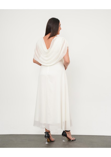Kadın Büyük Beden Drape Yaka Omuz Drape Detaylı Şifon Uzun Abiye Elbise 24775