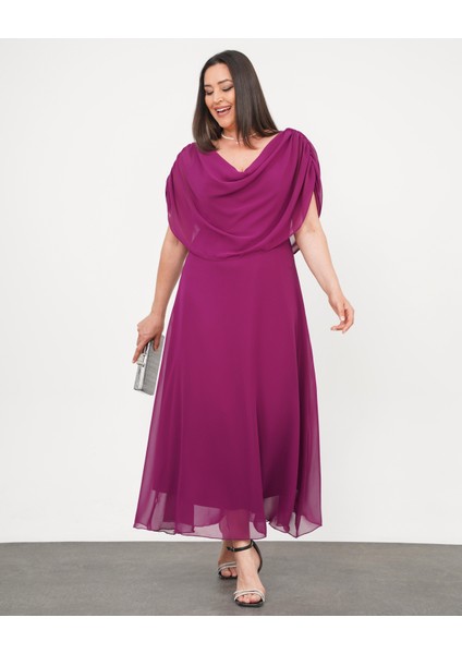 Kadın Büyük Beden Drape Yaka Omuz Drape Detaylı Şifon Uzun Abiye Elbise 24775