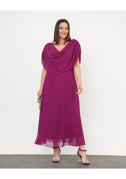 Kadın Büyük Beden Drape Yaka Omuz Drape Detaylı Şifon Uzun Abiye Elbise 24775