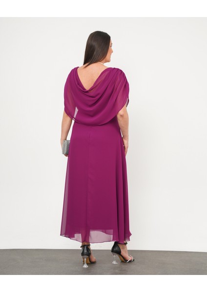 Kadın Büyük Beden Drape Yaka Omuz Drape Detaylı Şifon Uzun Abiye Elbise 24775