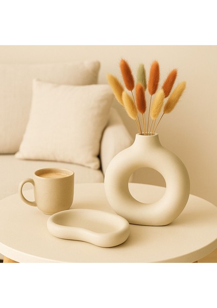 Halka Vazo & Oval Beton Tepsi Seti – Minimal Ev Aksesuarı Büyük Boy