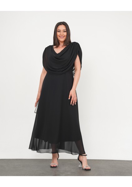 Kadın Büyük Beden Drape Yaka Omuz Drape Detaylı Şifon Uzun Abiye Elbise 24775 modelleri