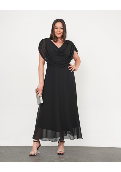 Kadın Büyük Beden Drape Yaka Omuz Drape Detaylı Şifon Uzun Abiye Elbise 24775 fırsatları