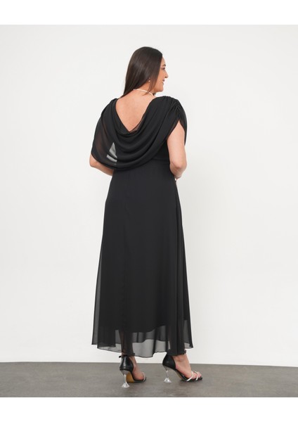 Kadın Büyük Beden Drape Yaka Omuz Drape Detaylı Şifon Uzun Abiye Elbise 24775 indirimleri