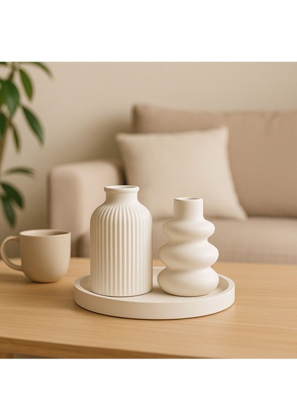 3’lü Iskandinav Pinterest Vazo Set – Pampas Vazosu & Yuvarlak Beton Sunum Tepsisi | 2025 Trend