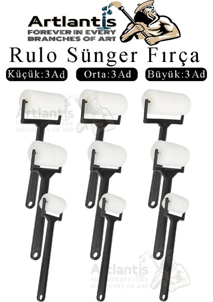 Sünger Rulo Fırça 9 Lu 1 Paket Siyah Plastik Saplı Boyama Süngeri Sanatsal Sünger Boya Fırçası Parmak Guaj Akrilik Boya