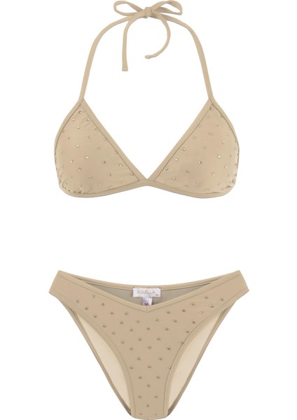 Parlak Taşlı Bej Üçgen Bikini Takım