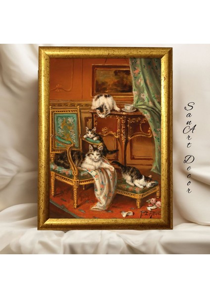 Çerçeveli Vintage Tablo, Yağlı Boya Tablosu, Çerçeveli Tablo, Sanatsal Dekor, Kedi Tablosu