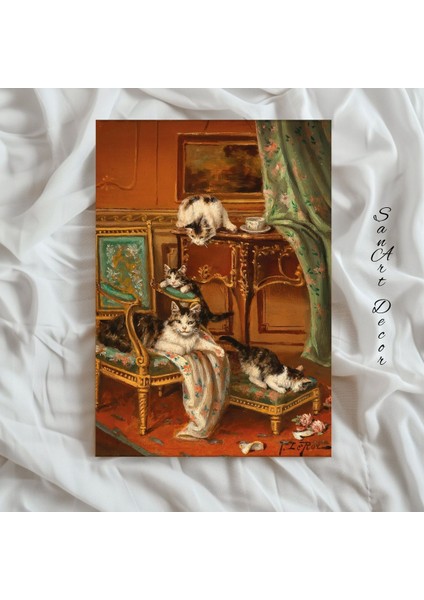 Çerçeveli Vintage Tablo, Yağlı Boya Tablosu, Çerçeveli Tablo, Sanatsal Dekor, Kedi Tablosu