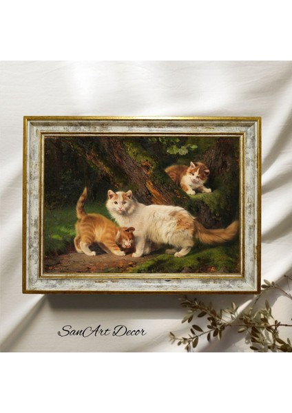Çerçeveli Vintage Tablo, Kedi Tablosu, Yağlı Boya Tablosu, Çerçeveli Tablo, Sanatsal Dekor