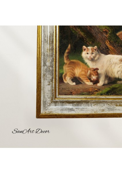 Çerçeveli Vintage Tablo, Kedi Tablosu, Yağlı Boya Tablosu, Çerçeveli Tablo, Sanatsal Dekor