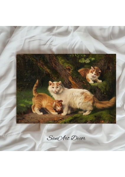 Çerçeveli Vintage Tablo, Kedi Tablosu, Yağlı Boya Tablosu, Çerçeveli Tablo, Sanatsal Dekor