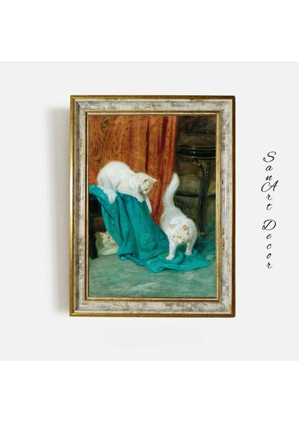Çerçeveli Vintage Tablo, Yağlı Boya Tablosu, Çerçeveli Tablo, Sanatsal Dekor, Kedi Tablosu