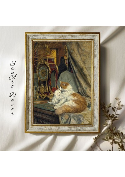 Çerçeveli Vintage Tablo, Yağlı Boya Tablosu, Çerçeveli Tablo, Sanatsal Dekor, Kedi Tablosu