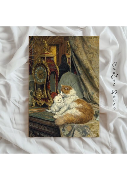 Çerçeveli Vintage Tablo, Yağlı Boya Tablosu, Çerçeveli Tablo, Sanatsal Dekor, Kedi Tablosu
