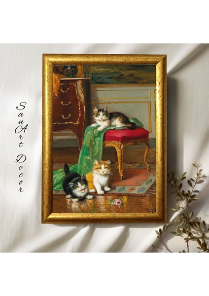 Çerçeveli Vintage Tablo, Yağlı Boya Tablosu, Çerçeveli Tablo, Sanatsal Dekor, Kedi Tablosu