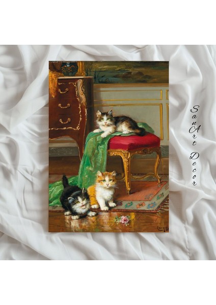 Çerçeveli Vintage Tablo, Yağlı Boya Tablosu, Çerçeveli Tablo, Sanatsal Dekor, Kedi Tablosu