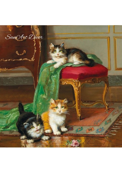 Çerçeveli Vintage Tablo, Yağlı Boya Tablosu, Çerçeveli Tablo, Sanatsal Dekor, Kedi Tablosu
