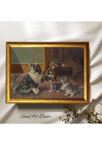 Çerçeveli Vintage Tablo, Kedi Tablosu, Yağlı Boya Tablosu, Çerçeveli Tablo, Sanatsal Dekor,