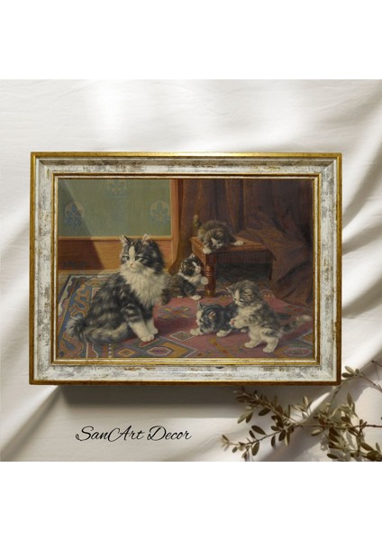 Çerçeveli Vintage Tablo, Kedi Tablosu, Yağlı Boya Tablosu, Çerçeveli Tablo, Sanatsal Dekor,