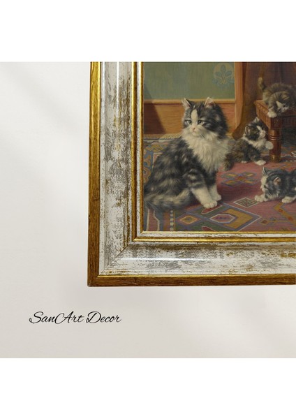 Çerçeveli Vintage Tablo, Kedi Tablosu, Yağlı Boya Tablosu, Çerçeveli Tablo, Sanatsal Dekor,
