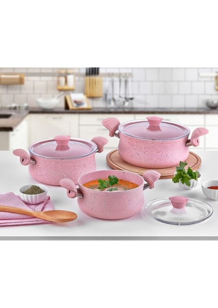 3027 - 6 Parça Biogranit, Ergonomik, Güveç Seti, Pembe Gövde - Pembe Detay