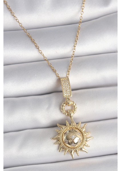 316L Çelik Gold Renk Zirkon Taşlı Sallantı Güneş Model Kadın Kolye - TJ-BKO10094