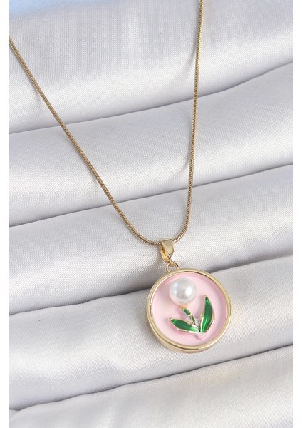 316L Çelik Gold Renk Zincir Pembe Mineli Incili Çiçek Işlemeli Portre Model Kadın Kolye - TJ-BKO10169