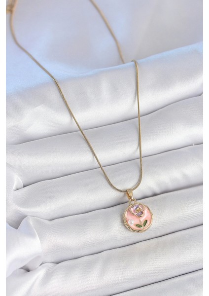 316L Çelik Gold Renk Zincir Pembe Minimal Çiçek Işlemeli Inci Detay Portre Model Kadın Kolye - TJ-BKO10129