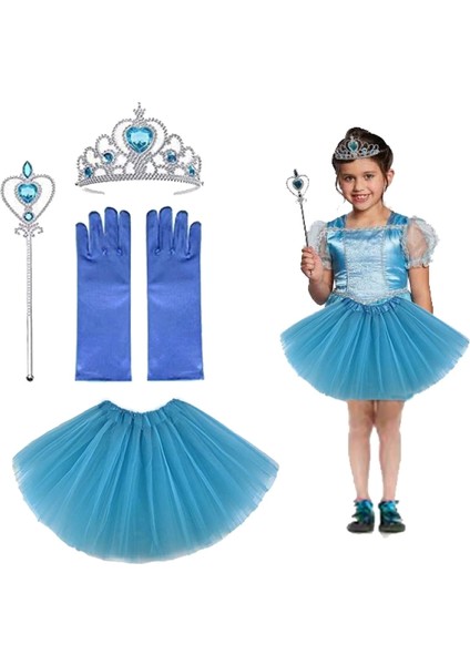 Çocuk Elsa Kostümü Elsa Eteği Eldiveni Tacı ve Asası 4 Lü Set (4887)