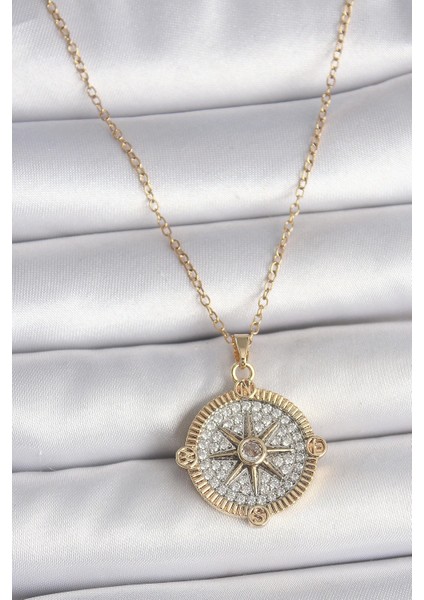 316L Çelik Gold Renk Zirkon Taşlı Pusula Model Kadın Kolye - TJ-BKO10093