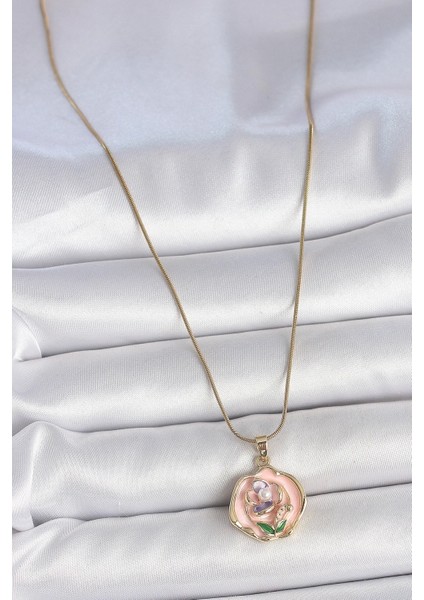 316L Çelik Gold Renk Zincir Pembe Renkli Çiçek Işlemeli Inci Detay Portre Model Kadın Kolye - TJ-BKO10075
