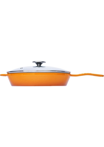 Turuncu Yuvarlak Cam Kapaklı Döküm Tava 28 cm modelleri