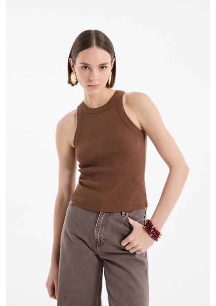 Halter Yaka Basic Fitilli Atlet Kahverengi