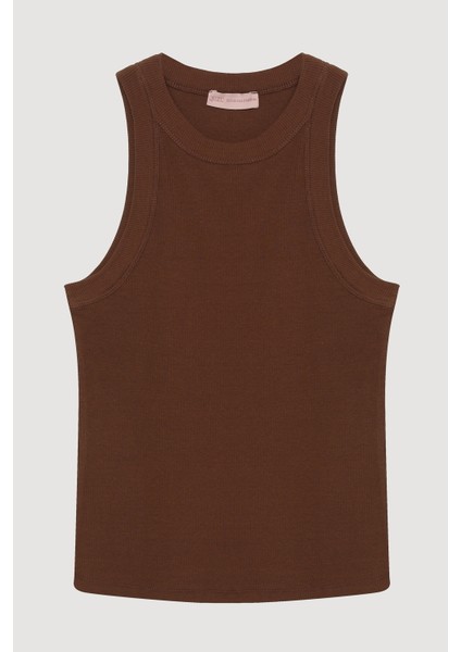 Halter Yaka Basic Fitilli Atlet Kahverengi