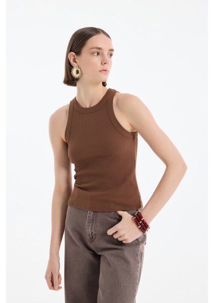 Halter Yaka Basic Fitilli Atlet Kahverengi