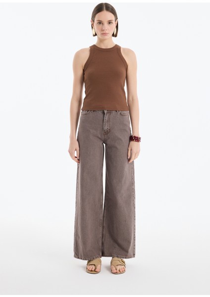 Halter Yaka Basic Fitilli Atlet Kahverengi